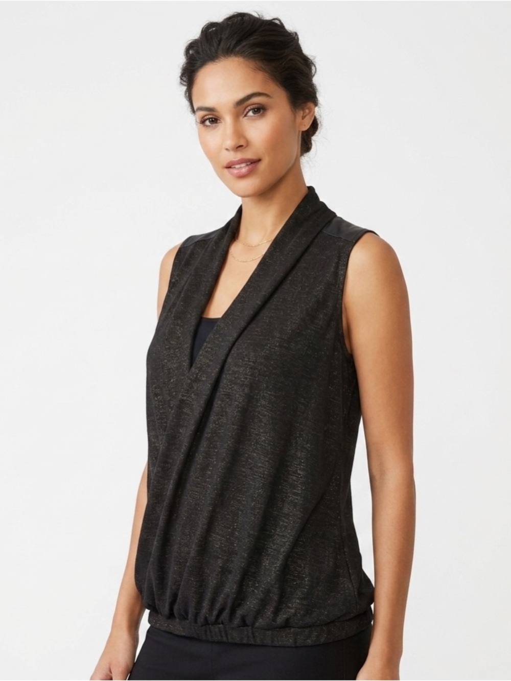 Rock & Republic Black Silver Metallic Draped Surplice Tank Top Size S